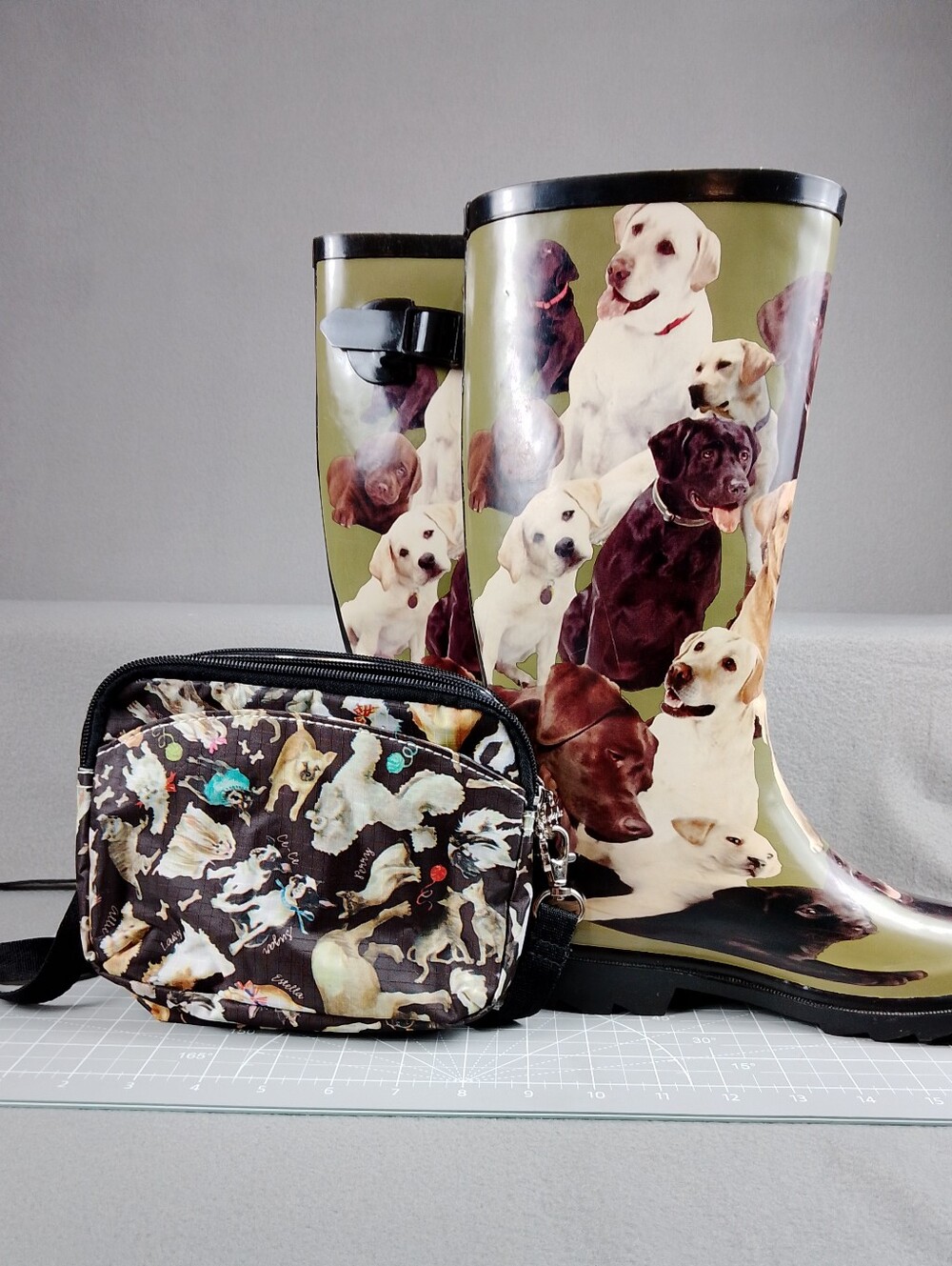 Sydney Love Olive Green Dog Print Crossbody Phone Pouch Plus ITASCA Rain Boots